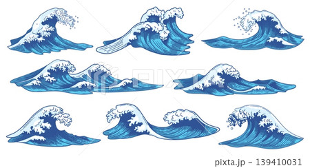 Engraving waves. Ocean blue water surfing wave vintage hand drawn, foam and storm splashes doodle, nautical outline in ukiy o e Japanese sketch style. Marine retro woodcut vector isolated set 139410031