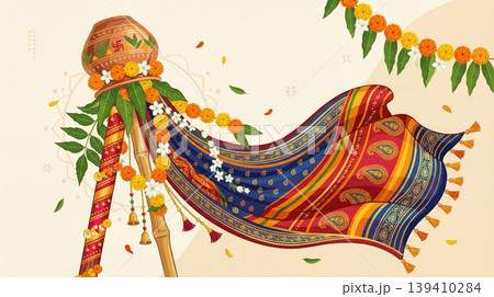 Traditional Gudi symbol isolated on light background. Concept of Gudi Padwa Indian festival and cultural heritage with copy space. Traditional Gudi symbol isolated on light background. Concept of Gudi Padwa Indian festival and cultural heritage with copy space. 139410284