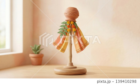 3D clay style Gudi placed in bright room with pastel colors. Representation of Hindu New Year tradition in cozy minimal interior. 139410298