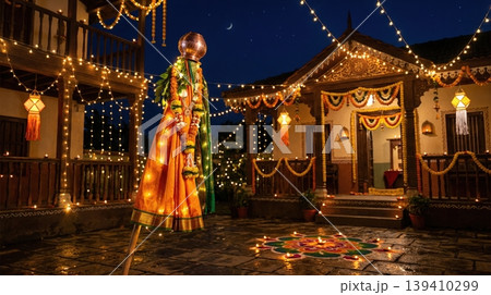 Glowing Gudi on street at night with soft festive lights. Concept of Gudi Padwa Indian festival and magical evening atmosphere. Glowing Gudi on street at night with soft festive lights. Concept of Gudi Padwa Indian festival and magical evening atmosphere. 139410299