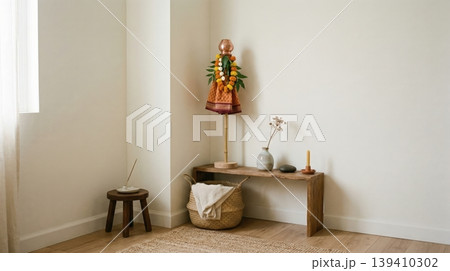 Traditional Gudi placed in modern minimalist room interior. Concept of Gudi Padwa Indian festival blending culture and contemporary home style. 139410302