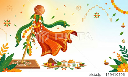 Minimal Gudi Padwa composition on light background. Symbol of Indian celebration heritage and spiritual tradition. 139410306