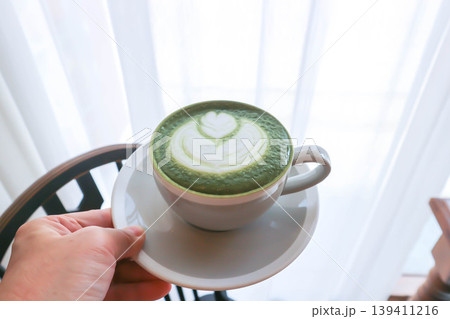 green tea or matcha green tea, milk green tea or matcha latte or matcha green tea latte 139411216