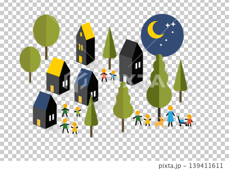夜の可愛い街と人のアイコンで表現した街並みイラスト 夜の可愛い街と人のアイコンで表現した街並みイラスト 139411611