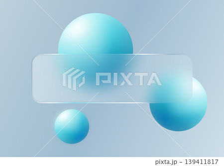 Frosted cyan glass banner floating over soft blue gradient spheres Frosted cyan glass banner floating over soft blue gradient spheres 139411817