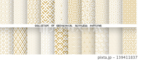 Geometric set of seamless golden and white patterns. Simple vector graphics Geometric set of seamless golden and white patterns. Simple vector graphics 139411837