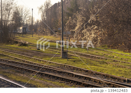 Multiple train tracks crisscrossing through a grassy area on a sunny day, highlighting railway infrastructure and concepts of journey or choice Multiple train tracks crisscrossing through a grassy area on a sunny day, highlighting railway infrastructure and concepts of journey or choice 139412483