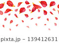 Scattered red tulip petals with yellow tips in varied sizes and angles. Hand-drawn botanical watercolor illustration on white background. Ideal for patterns, textiles, packaging, stationery 139412631