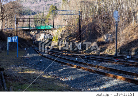Railroad tracks lead toward an ancient arched stone bridge in a lush rural forest setting, showcasing industrial transportation infrastructure, logistics travel, and scenic beauty on mountain routes Railroad tracks lead toward an ancient arched stone bridge in a lush rural forest setting, showcasing industrial transportation infrastructure, logistics travel, and scenic beauty on mountain routes 139413151