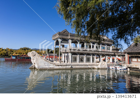 The Marble Boat in Summer Palace Beijing features Western-style architecture, with an exterior designed to resemble a paddle steamer. 139413671