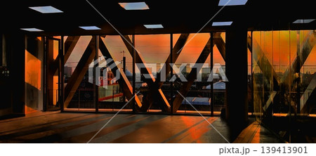Geometry of dusk behind city glass Geometry of dusk behind city glass 139413901
