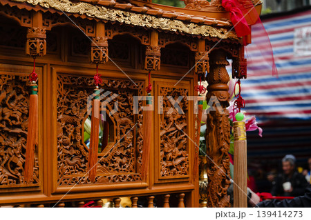 Intricate Handcrafted Wooden Temple Shrine Panel Close Up at Mazu Parade Taipei Intricate Handcrafted Wooden Temple Shrine Panel Close Up at Mazu Parade Taipei 139414273