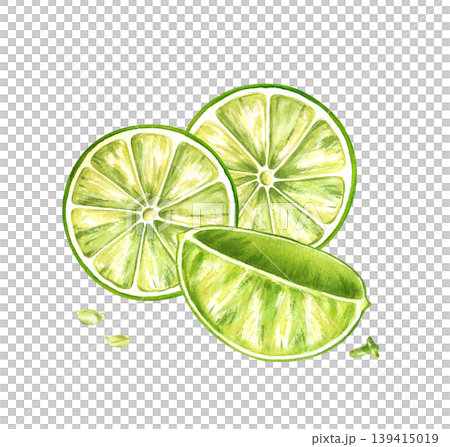 Watercolor lime composition with round slices, juicy quarters and scattered seeds on an isolated background. For use in healthy lifestyle branding, gourmet food packaging, cocktail and juice labels Watercolor lime composition with round slices, juicy quarters and scattered seeds on an isolated background. For use in healthy lifestyle branding, gourmet food packaging, cocktail and juice labels 139415019
