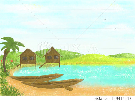 東南アジアの湖畔の村 メッセージカード背景 東南アジアの湖畔の村 メッセージカード背景 139415112