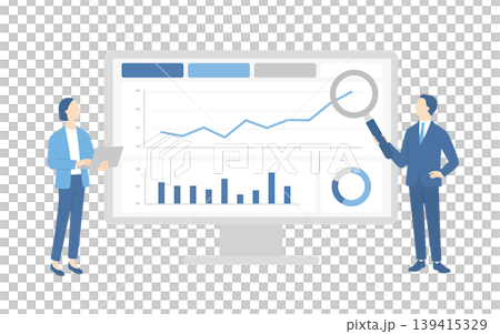 Business professionals performing data analysis while looking at a monitor dashboard. Business professionals performing data analysis while looking at a monitor dashboard. 139415329