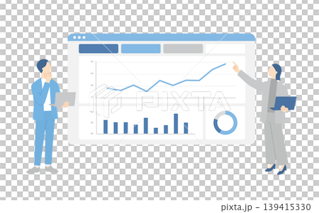Business professionals performing data analysis while viewing browser dashboards. Business professionals performing data analysis while viewing browser dashboards. 139415330