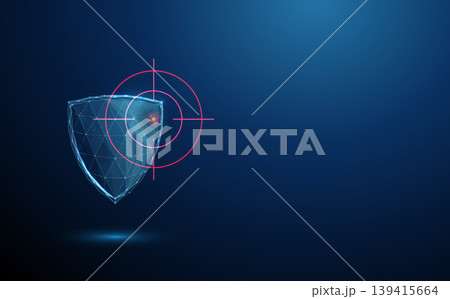 3d shield inside target crosshair. Cyberattack targeting, hacking attempts, security breach focus, vulnerability exploitation, system under attack, threat analysis concept. 3d shield inside target crosshair. Cyberattack targeting, hacking attempts, security breach focus, vulnerability exploitation, system under attack, threat analysis concept. 139415664