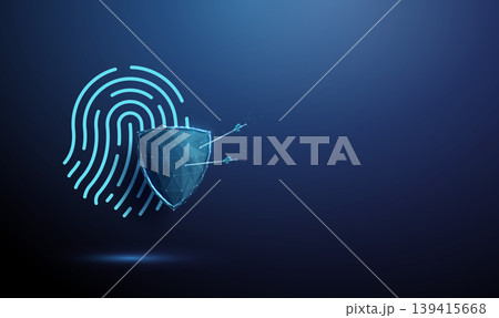 3d fingerprint behind shield with arrows embedded in it. Biometric identity, cyber protection, data shield, secure authentication, digital privacy, threat defense 3d fingerprint behind shield with arrows embedded in it. Biometric identity, cyber protection, data shield, secure authentication, digital privacy, threat defense 139415668
