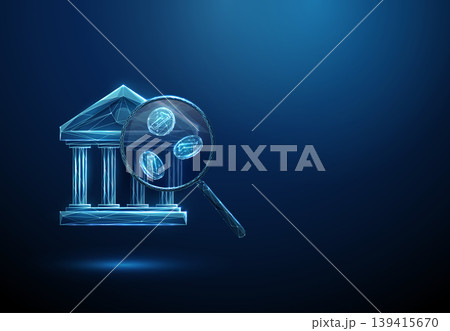 3d bank icon under magnifying glass with falling coins inside. Financial flow analysis, revenue tracking, earnings growth, income streams, fintech analytics concept. 3d bank icon under magnifying glass with falling coins inside. Financial flow analysis, revenue tracking, earnings growth, income streams, fintech analytics concept. 139415670