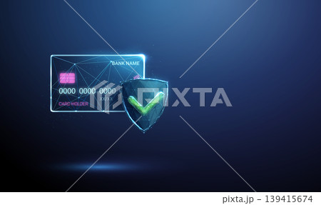 3D blue bank card and shield with green tick. Cybersecurity, fraud prevention, transaction safety, account verification, fintech, financial trust, encryption concept 3D blue bank card and shield with green tick. Cybersecurity, fraud prevention, transaction safety, account verification, fintech, financial trust, encryption concept 139415674