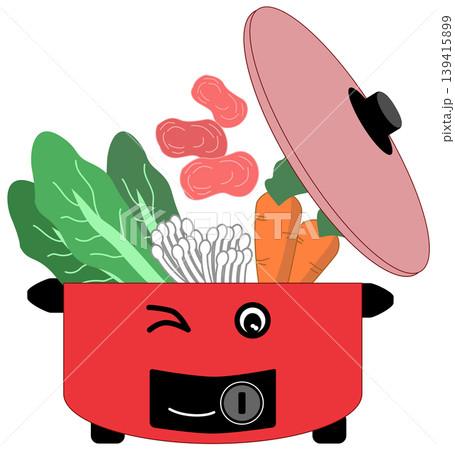 Cute cartoon electric pot character with fresh vegetables and meat ingredients Cute cartoon electric pot character with fresh vegetables and meat ingredients 139415899