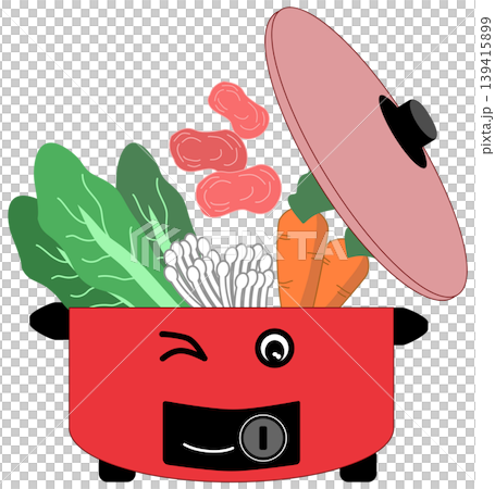 Cute cartoon electric pot character with fresh vegetables and meat ingredients Cute cartoon electric pot character with fresh vegetables and meat ingredients 139415899