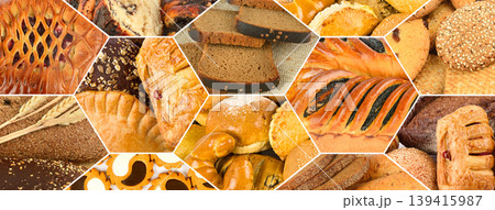 Extensive bakery product collage featuring bread, pastries, and cookies. Extensive bakery product collage featuring bread, pastries, and cookies. 139415987