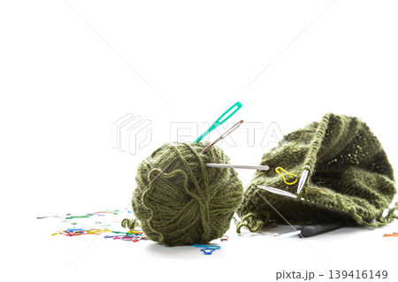 flat lay knitting tools with yarn and craft equipment flat lay knitting tools with yarn and craft equipment 139416149