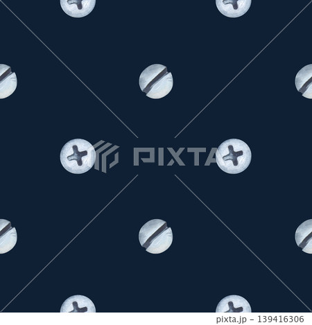 Seamless watercolor pattern with a variety of metallic nail caps, screws and bolts. The hand painted industrial design on a deep navy blue background. Perfect for masculine branding, DIY workshop Seamless watercolor pattern with a variety of metallic nail caps, screws and bolts. The hand painted industrial design on a deep navy blue background. Perfect for masculine branding, DIY workshop 139416306
