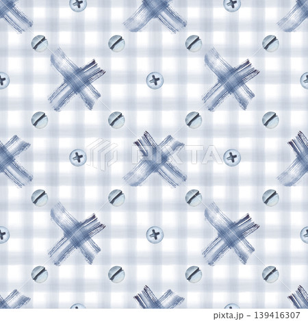 Seamless pattern with cross-shaped paint spots and self-tapping screw heads on an isolated background. Watercolor illustration on a checkered background. A background with working tools for masculine 139416307