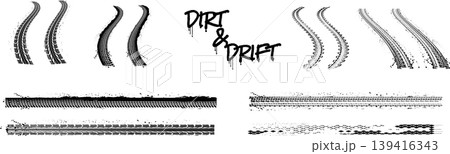 Grunge tire tracks collection. Black wheel prints, dirt splatters and drift text. Offroad vehicle marks isolated on white Grunge tire tracks collection. Black wheel prints, dirt splatters and drift text. Offroad vehicle marks isolated on white 139416343
