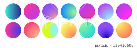 Rounded holographic gradient sphere. Multicolor green purple yellow orange pink cyan fluid circle gradients, colorful soft round buttons or vivid color spheres flat set. Rounded holographic gradient sphere. Multicolor green purple yellow orange pink cyan fluid circle gradients, colorful soft round buttons or vivid color spheres flat set. 139416609