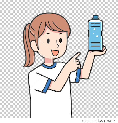 ペットボトルを指さす女性 139416817