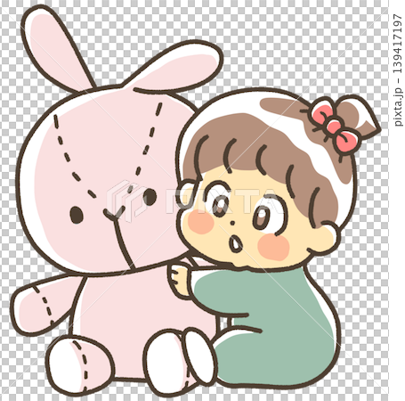 A baby hugging a large rabbit plush toy. A baby hugging a large rabbit plush toy. 139417197