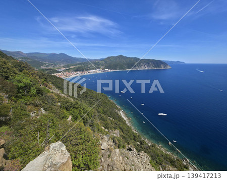 Riva Trigoso Beach view from punta manara trail Riva Trigoso Beach view from punta manara trail 139417213
