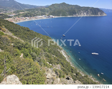 Riva Trigoso Beach view from punta manara trail Riva Trigoso Beach view from punta manara trail 139417214