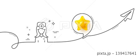 Oculist doctor line icon. Continuous line with share plane. Health eye sign. Optometry clinic symbol. 3d star in speech bubble. Oculist doctor single line ribbon. Loop curve pattern. Vector Oculist doctor line icon. Continuous line with share plane. Health eye sign. Optometry clinic symbol. 3d star in speech bubble. Oculist doctor single line ribbon. Loop curve pattern. Vector 139417641