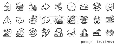Fish grill, Delivery and Grill place line icons pack. Share, Message, Paper plane icons. Sleep, Smile chat, Roller coaster web icon. Baggage, Hold heart, Holiday presents pictogram. Vector Fish grill, Delivery and Grill place line icons pack. Share, Message, Paper plane icons. Sleep, Smile chat, Roller coaster web icon. Baggage, Hold heart, Holiday presents pictogram. Vector 139417654