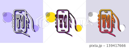Restaurant app line icon. Halftone dotted pattern. Gradient icon with grain shadow. Hand hold phone sign. Cellphone with screen notification symbol. Line restaurant app icon. Various designs. Vector Restaurant app line icon. Halftone dotted pattern. Gradient icon with grain shadow. Hand hold phone sign. Cellphone with screen notification symbol. Line restaurant app icon. Various designs. Vector 139417666