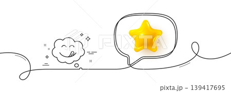 Yummy smile line icon. Continuous line with 3d star. Emoticon with tongue sign. Comic speech bubble symbol. 3d star in speech bubble. Yummy smile single line ribbon. Loop curve pattern. Vector Yummy smile line icon. Continuous line with 3d star. Emoticon with tongue sign. Comic speech bubble symbol. 3d star in speech bubble. Yummy smile single line ribbon. Loop curve pattern. Vector 139417695
