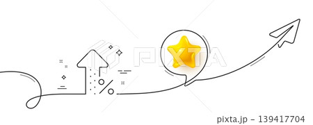 Increasing percent line icon. Continuous line with share plane. Discount sign. Credit percentage growing symbol. 3d star in speech bubble. Increasing percent single line ribbon. Vector 139417704
