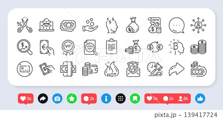 Networking, Currency exchange and Bribe line icons pack. Social media: share, comment, like icons. No card, Cash back, Auction hammer web icon. Finance, Cut tax, Currency audit pictogram. Vector Networking, Currency exchange and Bribe line icons pack. Social media: share, comment, like icons. No card, Cash back, Auction hammer web icon. Finance, Cut tax, Currency audit pictogram. Vector 139417724