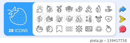 Organic tested, Seafood and Antistatic line icons. Interest rate, AI generate, Inflation icons. Pack of Dirty water, Weather thermometer, Mineral oil icon. Vector 139417738