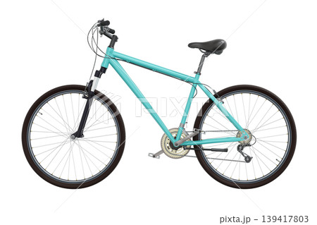 Blue teal bicycle, side view. Black leather saddle and handles. Png clipart isolated on transparent background Blue teal bicycle, side view. Black leather saddle and handles. Png clipart isolated on transparent background 139417803