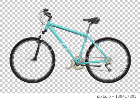 Blue teal bicycle, side view. Black leather saddle and handles. Png clipart isolated on transparent background 139417803