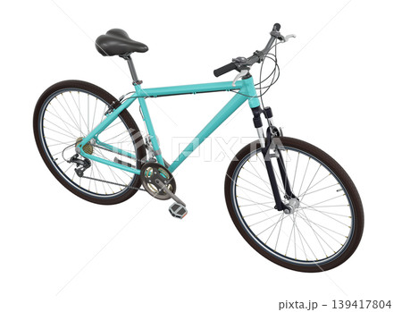 Blue teal bicycle, side top view. Black leather saddle and handles. Png clipart isolated on transparent background 139417804