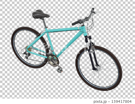 Blue teal bicycle, side top view. Black leather saddle and handles. Png clipart isolated on transparent background 139417804