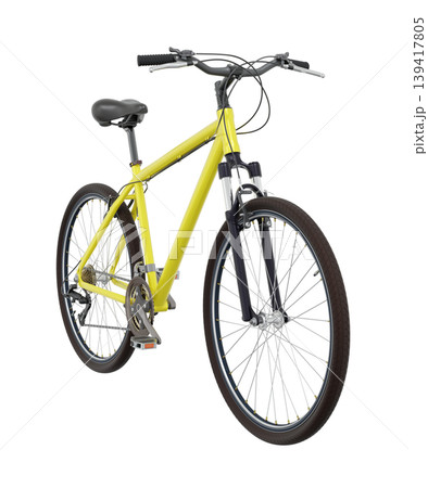 Yellow bicycle, front side view. Black leather saddle and handles. Png clipart isolated on transparent background 139417805