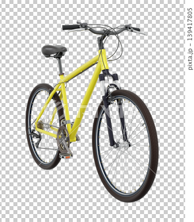 Yellow bicycle, front side view. Black leather saddle and handles. Png clipart isolated on transparent background 139417805