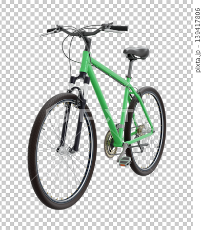 Green bicycle, front side view. Black leather saddle and handles. Png clipart isolated on transparent background Green bicycle, front side view. Black leather saddle and handles. Png clipart isolated on transparent background 139417806